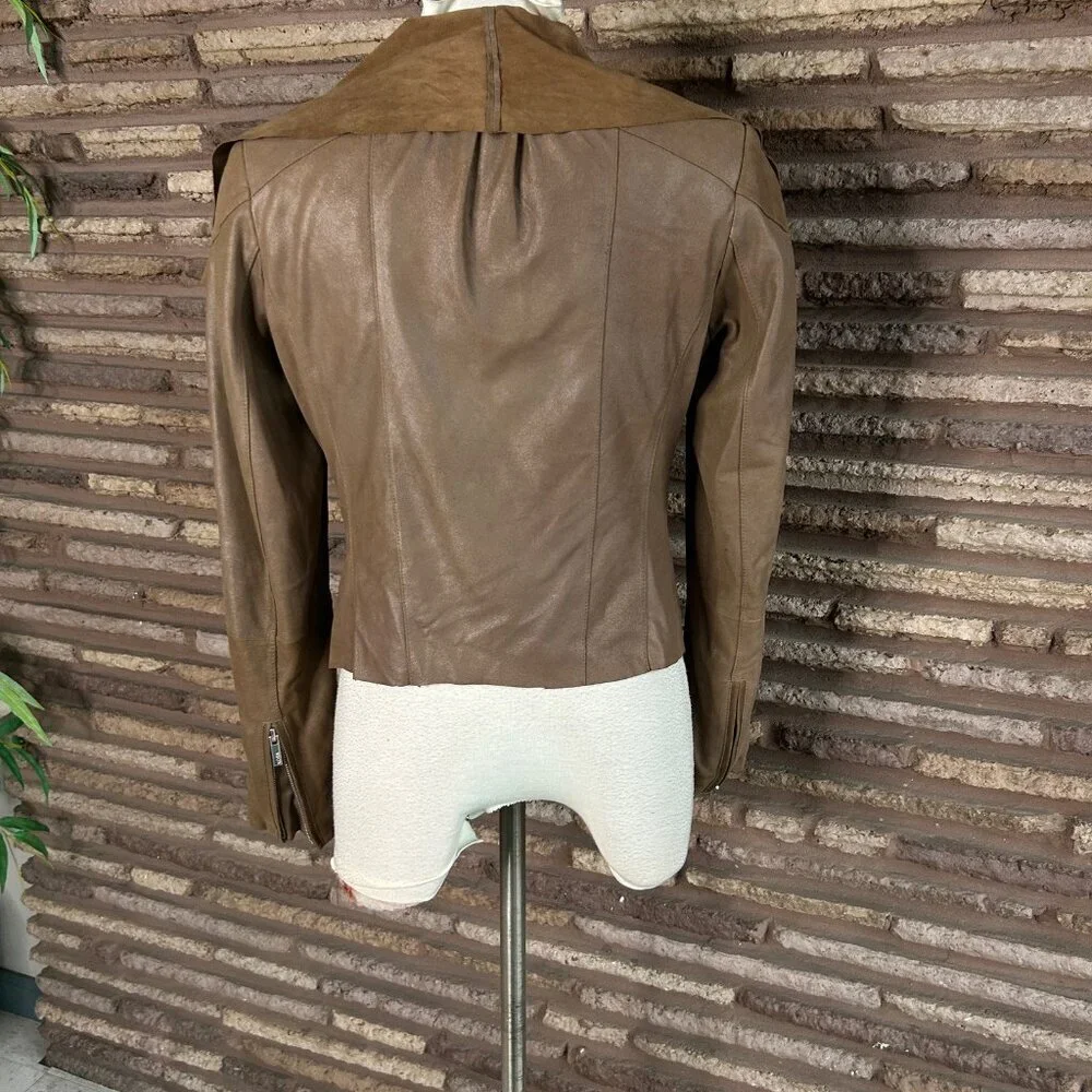 Kors Michael Kors Brown Leather Jacket Suede Moto Waterfall Y2K Designer Medium